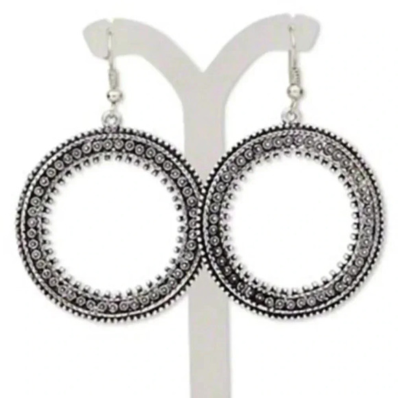 Antiqued Silver Pewter Gothic Dotted Open Hoop Ethnic Style Dangle Earrings - Picture 1 of 1